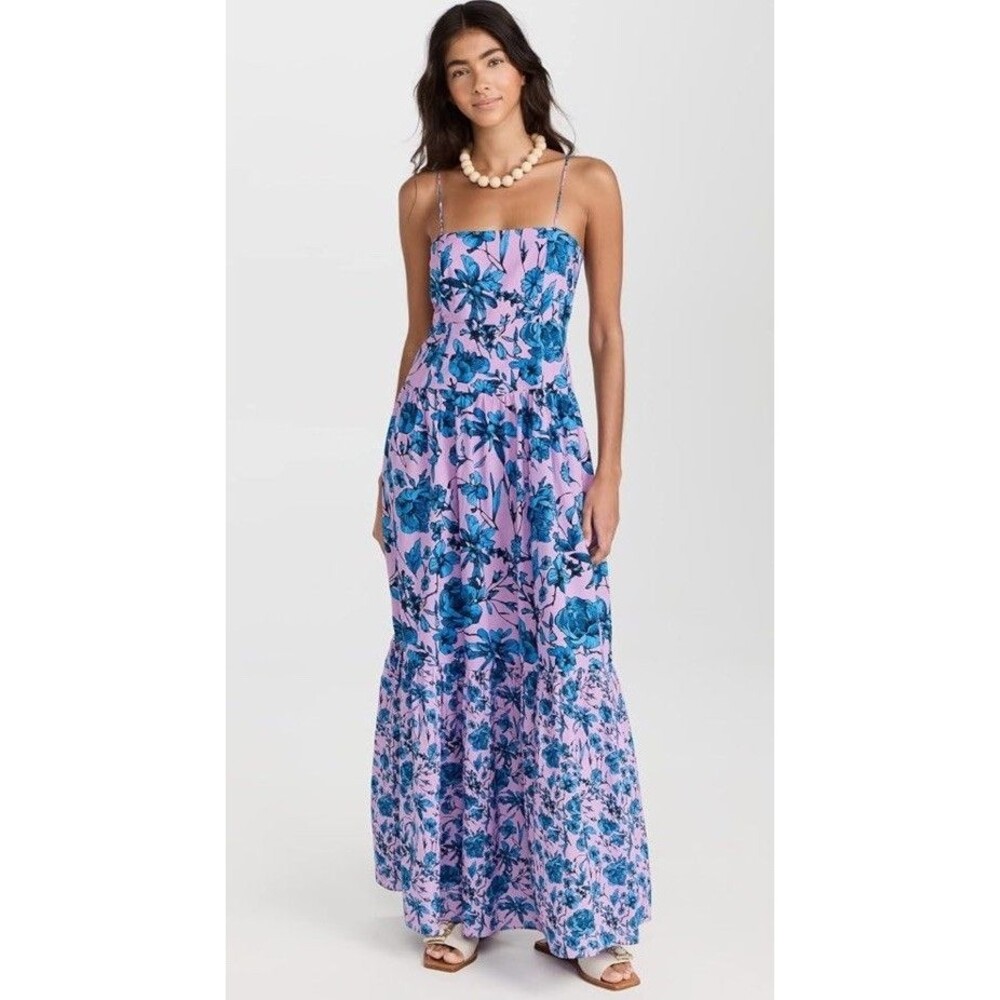 Playa Lucila Square‎ Neck Floral Maxi Dress Sz S Lilac Blue Cotton Smocked Back
